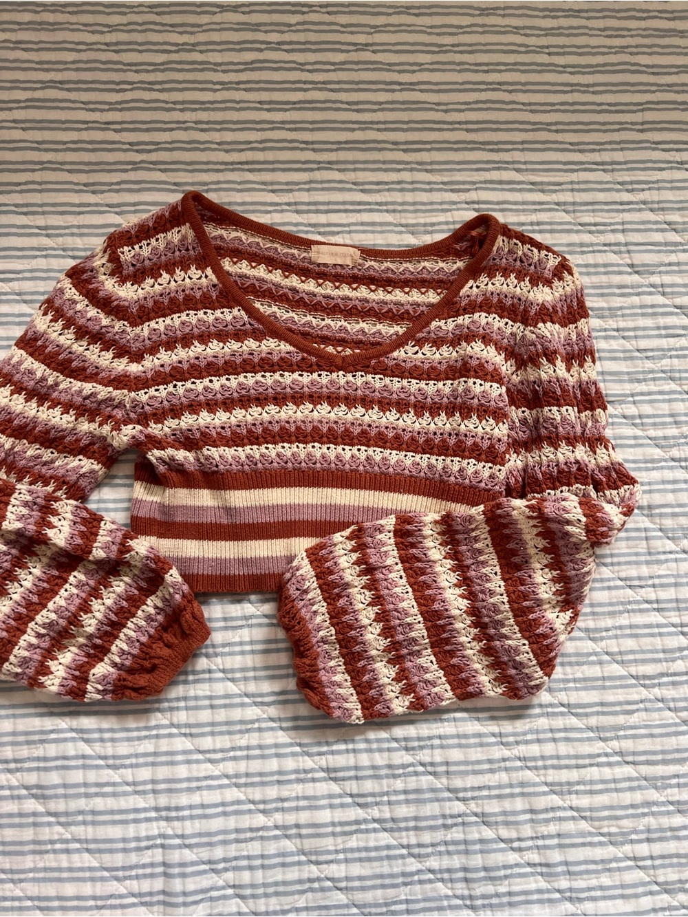 Altar'd State Rust and Cream Striped V-Neck Sweater